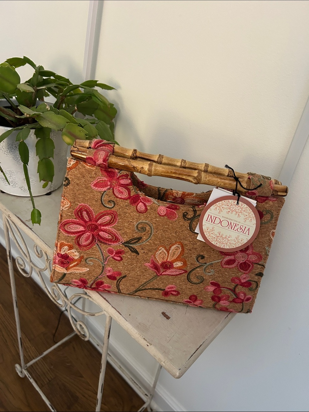 Floral Embroidered Bamboo-Handle Tote in Pink and Brown